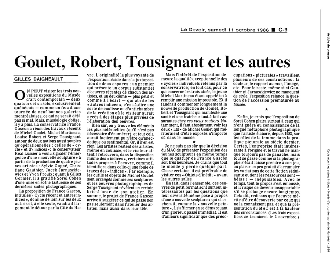 1986 — Le Devoir — Goulet, Robert, Tousignant et les autres